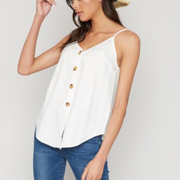 Boho White Linen Button Cami Tank Top Casual - Picture 3 of 5